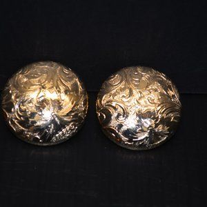 Vintage 1980s Gold Tone Floral Etched Round Button Pierced Earrings